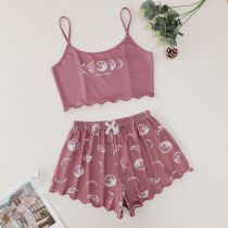 Fashion Pink Polyester Letter Print Halter Top Shorts Set