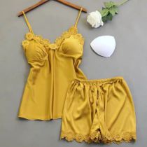 Fashion Yellow Lace Suspender Bra And Shorts Set