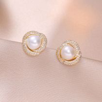 Fashion Gold Copper Diamond Pearl Round Stud Earrings