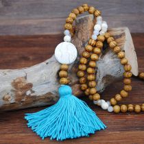 Fashion Blue Wood Beads Tassel Necklace
