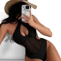 Fashion Black Polyester Cross Halter Neck Hollow One-piece Swimsuit