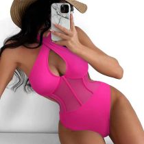 Fashion Rose Red Polyester Cross Halter Neck Hollow One-piece Swimsuit