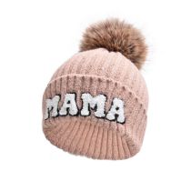 Fashion Pink-mama Fur Ball Knitted Hat Letter Embroidered Fur Ball Beanie