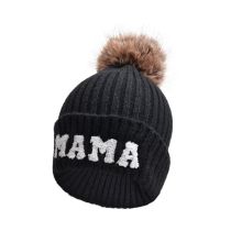 Fashion Black-fur Ball Mama Wool Hat Letter Embroidered Knitted Beanie