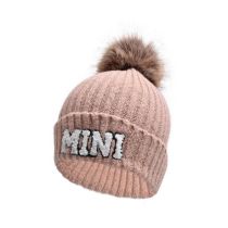 Fashion Leather Pink-fur Ball Mini Wool Hat (suitable For 2-6 Years Old) Letter Embroidery Knitted Children's Beanie