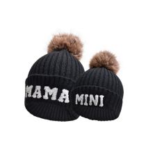 Fashion Black-parent-child Fur Ball Beanie Letter Embroidered Knitted Parent-child Beanie