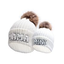Fashion White-parent-child Fur Ball Beanie Letter Embroidered Knitted Parent-child Beanie
