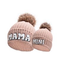 Fashion Pink-parent-child Fur Ball Beanie Letter Embroidered Knitted Parent-child Beanie
