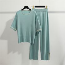 Fashion Green Spandex Knitted Short-sleeved Top And Wide-leg Pants Suit