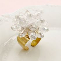Fashion Gold Plus White Stainless Steel Crystal Flower Open Ring