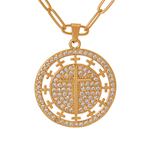 Fashion Gold Copper Set Zirconia Round Cross Pendant Necklace