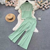 Fashion Green Sleeveless Striped Top High-waisted Wide-leg Pants Suit