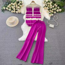 Fashion Rose Red Acrylic Sleeveless Stand-collar Striped Sweater High-waisted Wide-leg Pants Suit