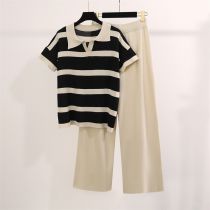 Fashion Apricot Acrylic Striped Knitted Short-sleeved Wide-leg Pants Suit