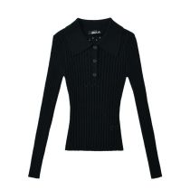 Fashion Black Lapel Hollow Knitted Sweater