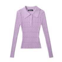 Fashion Purple Lapel Hollow Knitted Sweater