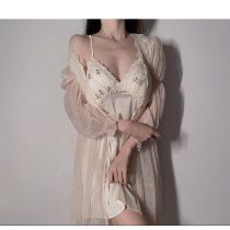 Fashion Champagne Color Robe Small Floral Padded Nightgown + Robe
