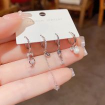 Fashion Silver-cat Fishbone Pearl Four-piece Set (thick Real Gold Plating) Copper Inlaid Zirconium Geometric Earring Set