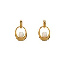 Fashion Gold Metal Oval Pearl Stud Earrings