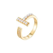 Fashion T Letter Small Pearl Ring (thick Real Gold Color Preservation) Copper Set With Diamond And Pearl Open Ring
