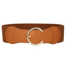 Fashion Camel Wide Belt With Metal Pearl Round Buckle