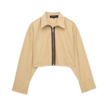 Fashion Coffee Color Blended Zip-up Lapel Shirt