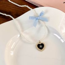Fashion Blue Bow Pearl Beaded Bow Heart Flower Necklace