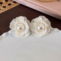 Fashion Beige Flowers Lace Flower Pearl Stud Earrings