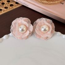 Fashion Pink Flowers Lace Flower Pearl Stud Earrings