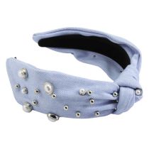 Fashion Light Blue Fabric Beaded And Knotted Wide-brimmed Headband