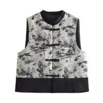 Fashion Pattern Satin Printed Disc-button Sleeveless Vest