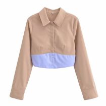 Fashion Khaki Woven Color-block Lapel Shirt