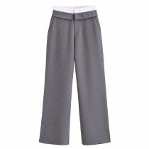 Fashion Grey Woven Rolled-hem Straight-leg Trousers
