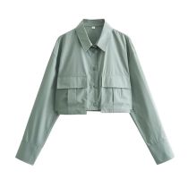 Fashion Green Polyester Double Pocket Lapel Shirt