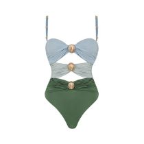 Fashion Green One-piece Swimsuit Polyester Color Block Hollow One Piece Swimsuit