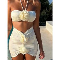 Fashion Milky White Suit Nylon Three-dimensional Flower Halterneck Split Swimsuit Bikini Beach Skirt Set