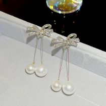Fashion Silver Alloy Diamond Bow Pearl Earrings