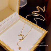 Fashion Gold Titanium Steel Star Moon Y Shape Necklace