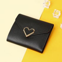Fashion Short Black Pu Heart Buckle Flip Wallet