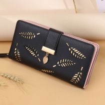 Fashion Black Pu Leaf Buckle Long Zipper Wallet