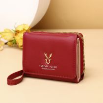 Fashion Red Pu Zipper Antler Wallet