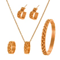 Fashion Gold Titanium Steel Chain Ring Pendant Necklace Earrings Ring Bracelet 5-piece Set