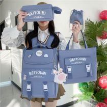 Fashion Blue Oxford Cloth Large-capacity Backpack Pencil Case Shoulder Storage Bag Four-piece Set