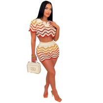 Fashion Yellow Stripes Polyester Knitted Striped Top And Skirt Suit