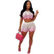 Fashion Pink Stripes Polyester Knitted Striped Top And Skirt Suit
