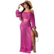 Fashion Pink Polyester Mesh Fringe Top Slit Skirt Suit