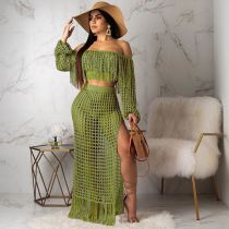 Fashion Light Army Green Polyester Mesh Fringed Top Slit Skirt Suit