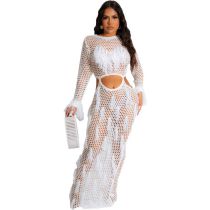 Fashion White Polyester Knitted Hollow Fringed Long Skirt