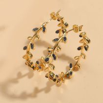 Fashion Royal Blue Zirconium Leaves Gold-plated Copper Leaf Earrings With Diamonds