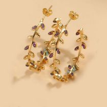 Fashion Pink Zirconium Leaves Gold-plated Copper Leaf Earrings With Diamonds